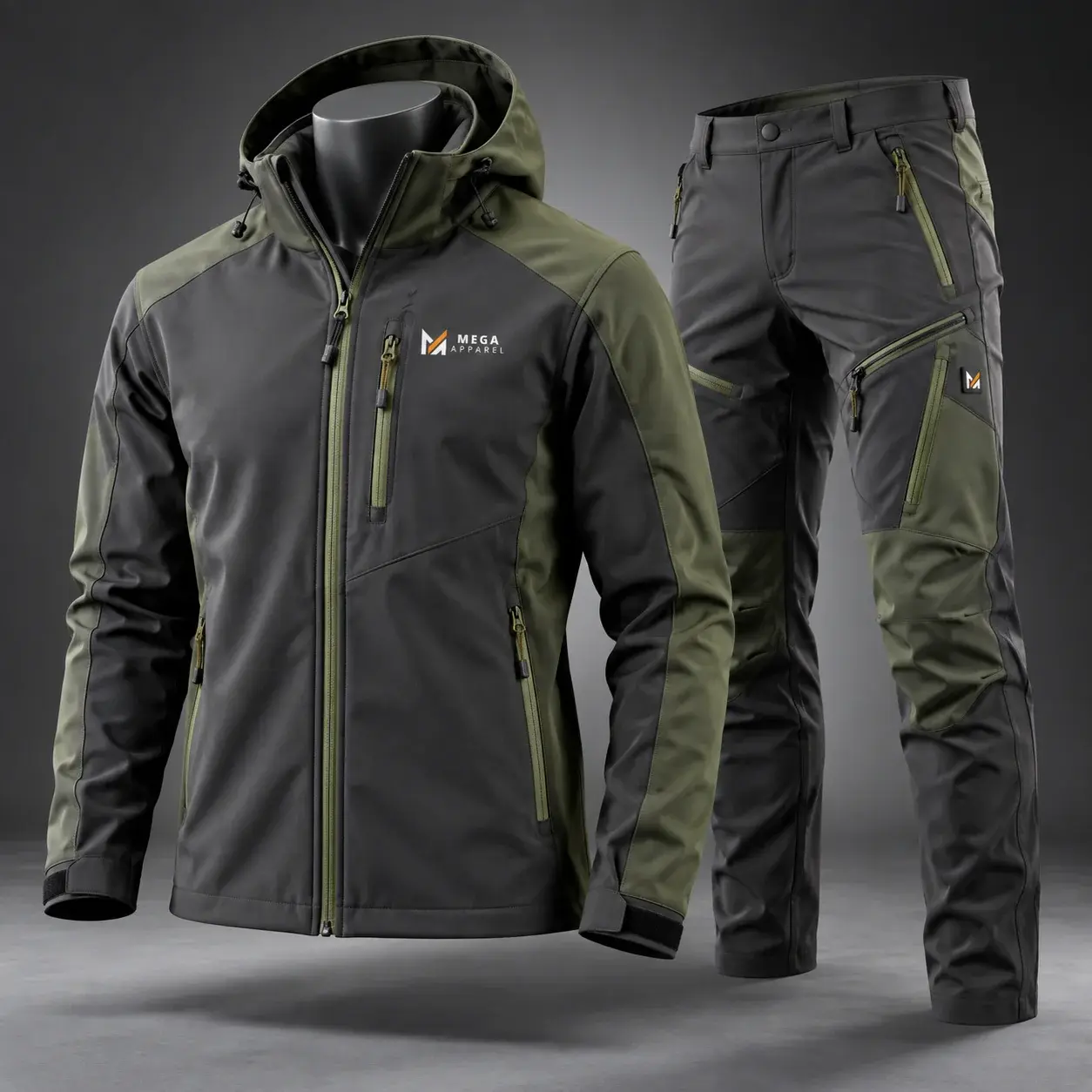 Charcoal and olive soft shell hunting jacket and matching pants with technical zippered pockets, articulated panels, hood, and visible Mega Apparel branding displayed on mannequins.